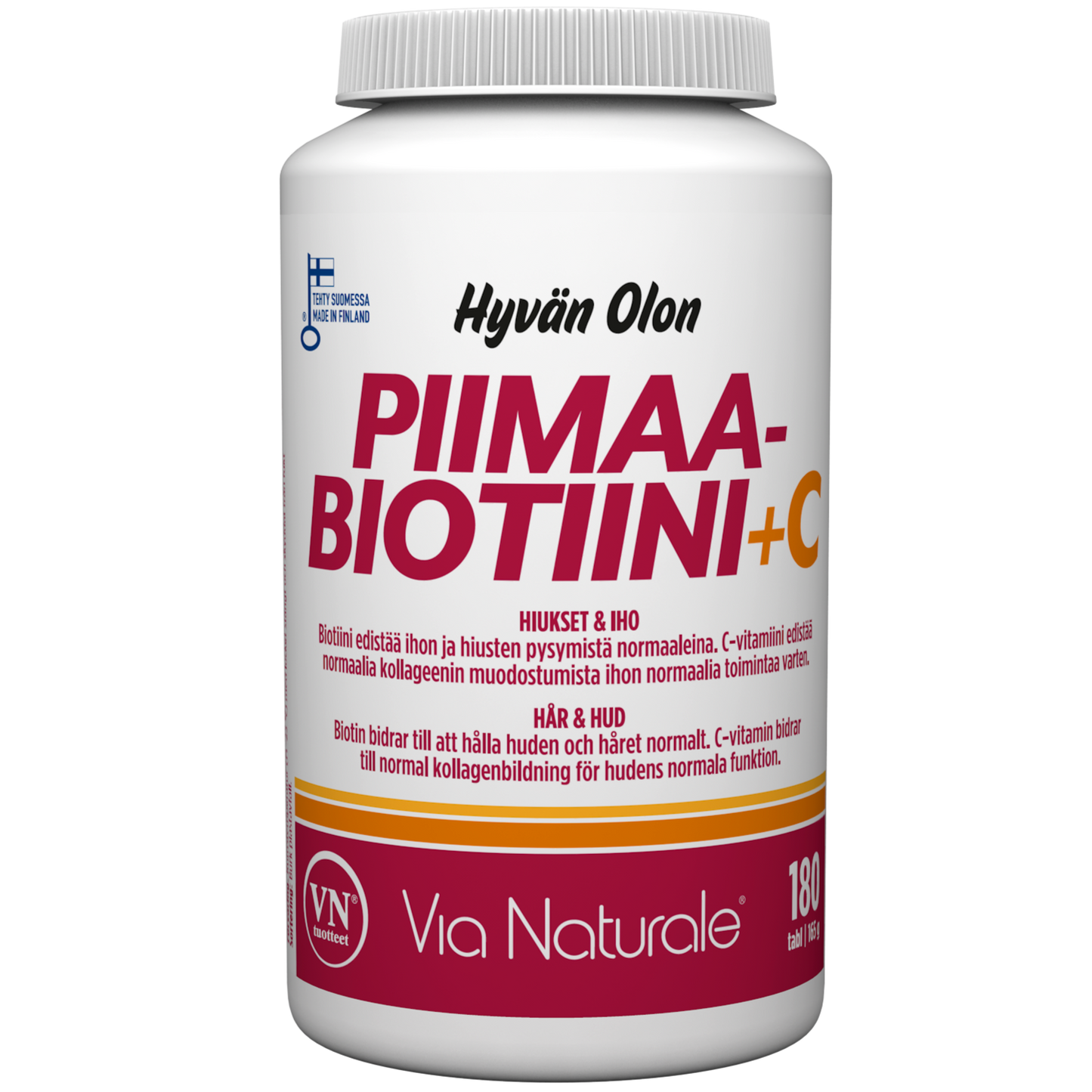 Hyvän Olon Piimaa-Biotiini + C-vitamiini; valkoinen pullo Via Naturale Piimaabiotiini + C -ravintolisää, suomen- ja ruotsinkielistä tekstiä, vaaleanpunaisia ja oransseja tehosteita sekä tietoa hiusten ja ihon hyödyistä lisätyn biotiinin ansiosta; pullo lieriömäinen mattapinnalla ja valkoinen korkki; etiketissä tikkukirjasinta eri painoin; tuote yksin tasaisella taustalla, ei ihmisiä tai muita esineitä näkyvissä.