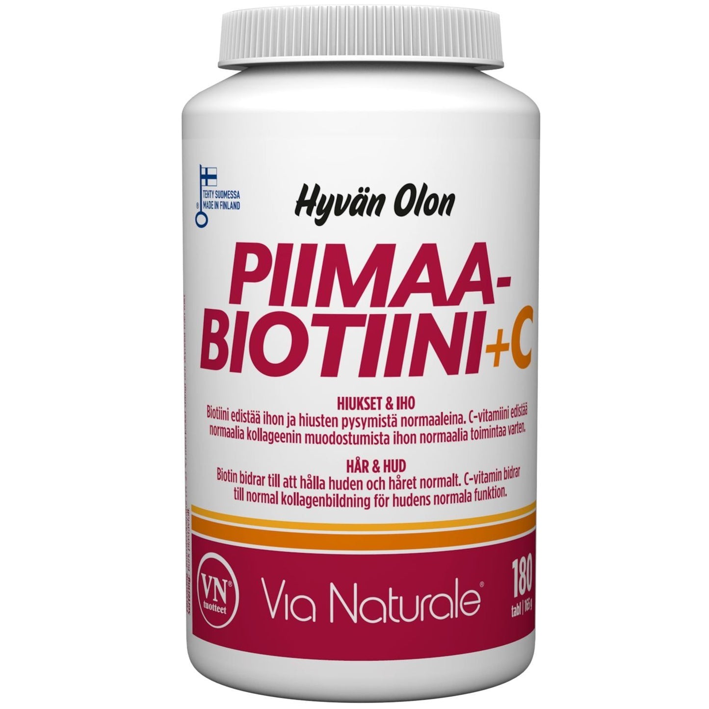 Hyvän Olon Piimaa-Biotiini + C-vitamiini; valkoinen pullo Via Naturale Piimaabiotiini + C -ravintolisää, suomen- ja ruotsinkielistä tekstiä, vaaleanpunaisia ja oransseja tehosteita sekä tietoa hiusten ja ihon hyödyistä lisätyn biotiinin ansiosta; pullo lieriömäinen mattapinnalla ja valkoinen korkki; etiketissä tikkukirjasinta eri painoin; tuote yksin tasaisella taustalla, ei ihmisiä tai muita esineitä näkyvissä.