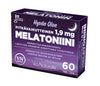 Hyvän Olon Pitkävaikutteinen Melatoniini 1,9 mg -pakkaus (Via Naturale), violetti, 60 tablettia, teksti suomeksi ja ruotsiksi; mattapintainen suorakulmainen rasia, lihavoitu valkoinen-keltainen groteskiteksti, unentuki ja aikaeromatkailu mainittu