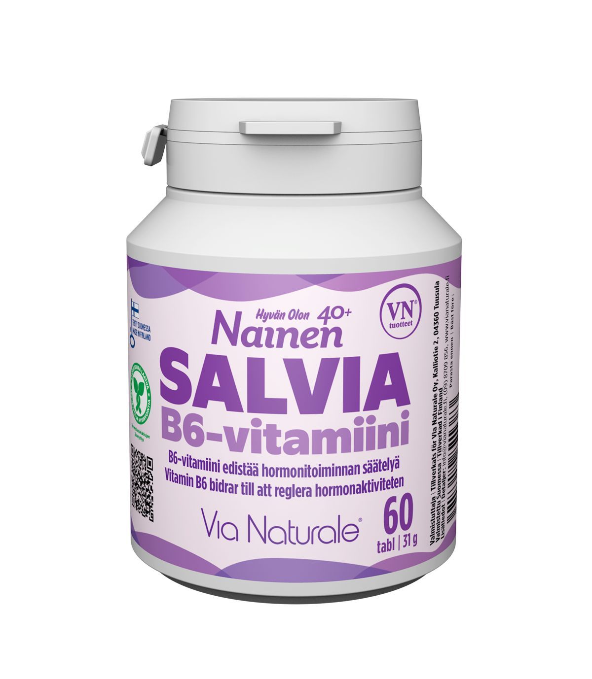 Hyvän Olon Salvia B6-vitamiini; valkoinen muovipullo, violetti mattapintainen etiketti ja valkoinen kierrekorkki, sisältää 60 tablettia; etiketin teksti on suomeksi ja ruotsiksi, mainitsee hyödyt yli 40-vuotiaille naisille; lihavoitua groteskitypografiaa; tuote kuvattu vaalealla taustalla ilman käsiä tai muita esineitä.