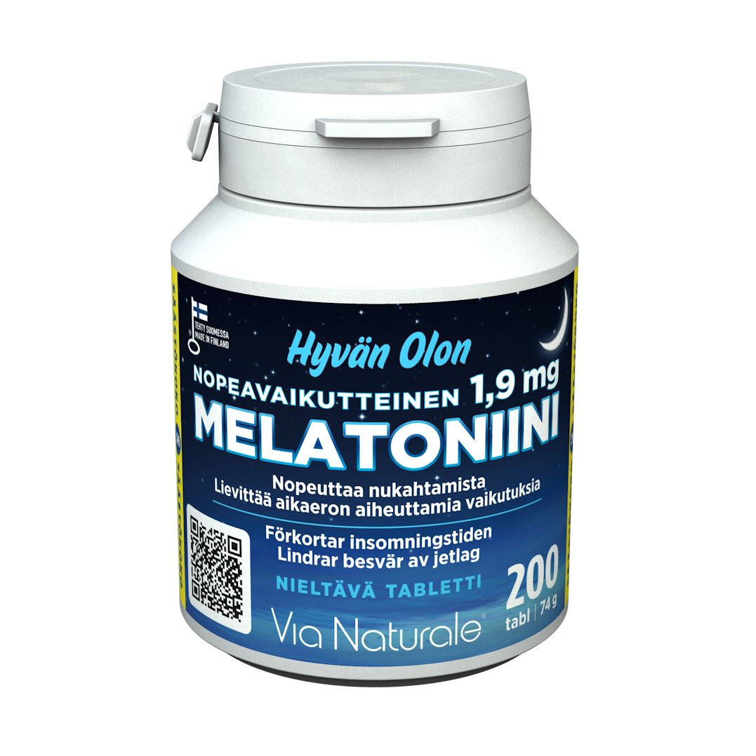 Via Naturale Melatoniini -tabletit, 1,9 mg, 200 kpl; valkoinen, lieriömäinen muovipullo mattapinnalla ja yhteensopivalla valkoisella kierrekorkilla; sininen etiketti kiertää pulloa selkeällä valkoisella tekstillä suomeksi ja ruotsiksi, kuvataan unen ja jetlagin hoitoa; ei ihmisiä tai muita esineitä; neutraali tausta.