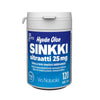 Hyvän Olon Sinkkisitraatti 25 mg -pullo (Via Naturale), valkoinen-sininen mattamuovi, sylinterinmuotoinen; teksti suomeksi ja ruotsiksi, 120 tablettia, groteskiteksti