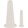 Two translucent, cone-shaped silicone objects of different sizes stand upright on a white background. Each cone is matte, colorless, and unmarked with no visible packaging or text. The bases are broad and flat; the tops are rounded and closed. No people or additional objects are present in this studio product shot.