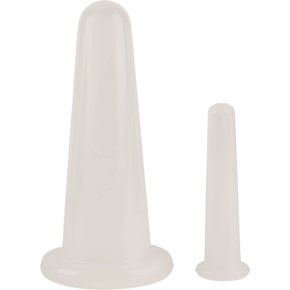 Two translucent, cone-shaped silicone objects of different sizes stand upright on a white background. Each cone is matte, colorless, and unmarked with no visible packaging or text. The bases are broad and flat; the tops are rounded and closed. No people or additional objects are present in this studio product shot.