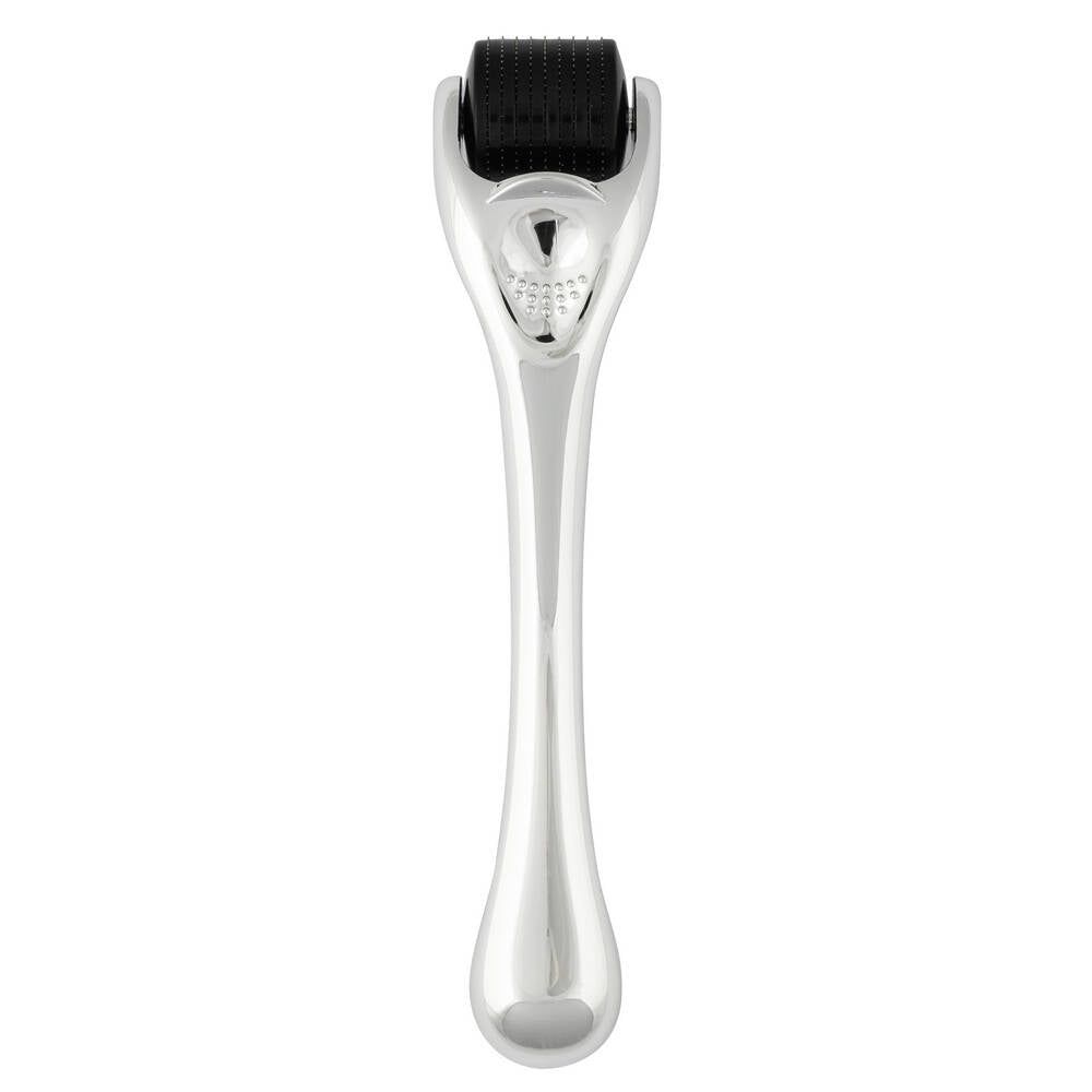 A metallic derma roller with a long handle and a black titanium microneedle roller head, used for skincare treatments like microneedling. The handle is silver with a glossy finish and tapers toward the roller head. The cylindrical roller head is densely covered in small, evenly spaced titanium needles. No packaging or labeling present. The background is solid white, shot in even studio lighting. No people or hands included.