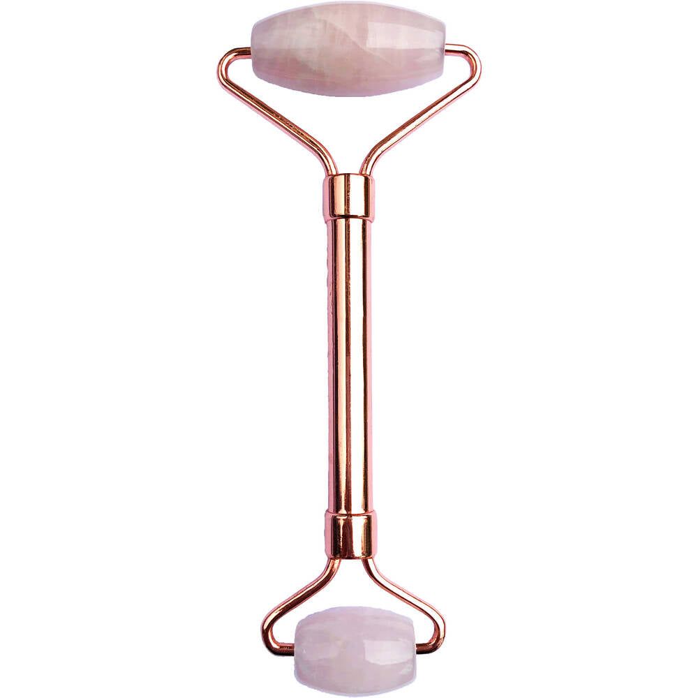A rose quartz facial roller with a metal handle features two cylindrical rollers, one larger and one smaller, mounted on either end of the handle. The metal handle appears glossy silver, and both rollers are light pink with a smooth finish. No packaging or labeling is visible. The background is plain white with even lighting. A rose quartz facial roller with a metal handle features two rollers—one large and one small—on each end, ideal for skincare routines and facial massage.
