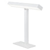 A modern, minimalist white desk lamp featuring a rectangular base and an angled, elongated LED light fixture atop a straight vertical stand. Lamp is matte white with no visible brand markings or legible labels. No packaging in view. Product sits on a plain, solid-colored background. No people or hands present. Studio product shot, straight-on angle.