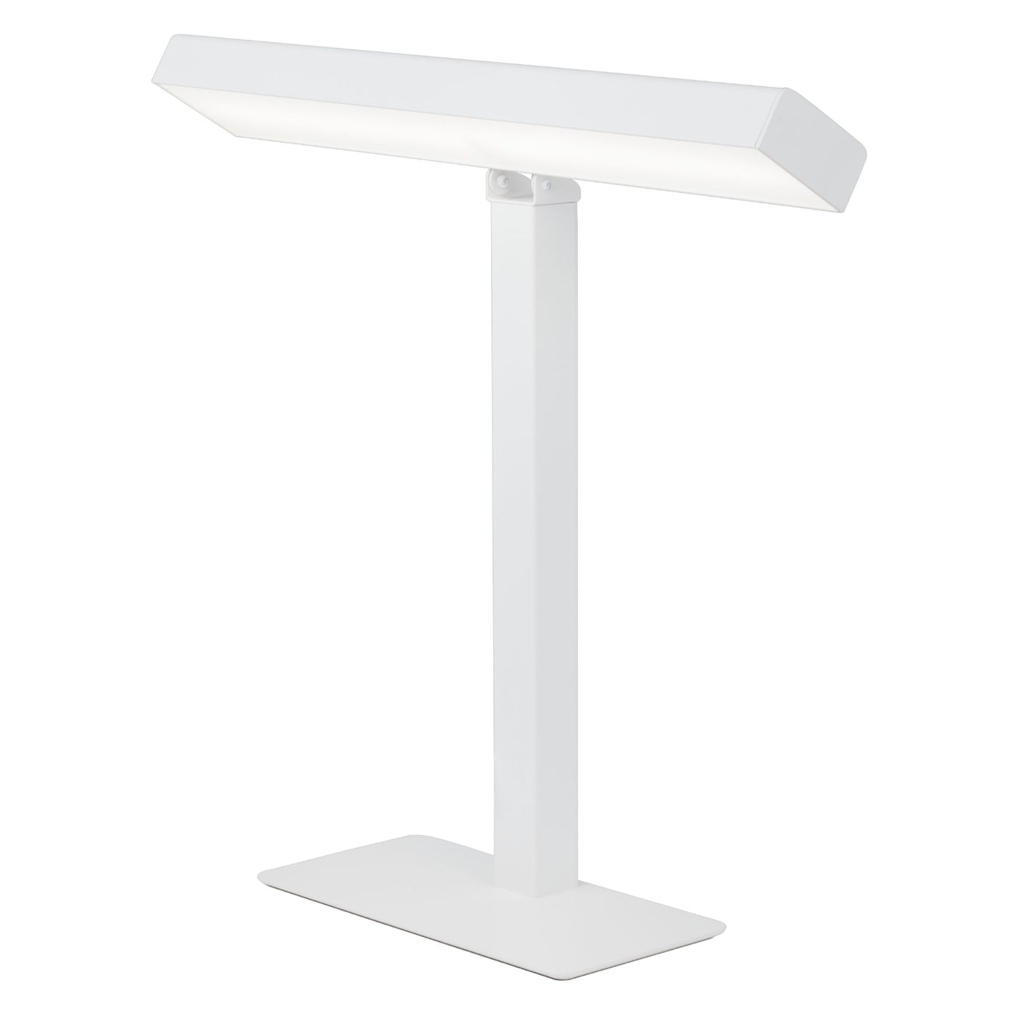 A modern, minimalist white desk lamp featuring a rectangular base and an angled, elongated LED light fixture atop a straight vertical stand. Lamp is matte white with no visible brand markings or legible labels. No packaging in view. Product sits on a plain, solid-colored background. No people or hands present. Studio product shot, straight-on angle.