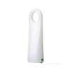 A tall, modern white lamp with a rounded top featuring a circular cutout and a small black button near the base, illuminated against a plain light background. Lamp has a smooth matte finish. No visible packaging or label text. Cylindrical body tapers slightly toward the bottom. Plain background, no people or actions present. The shot is centered and tightly cropped around the lamp.