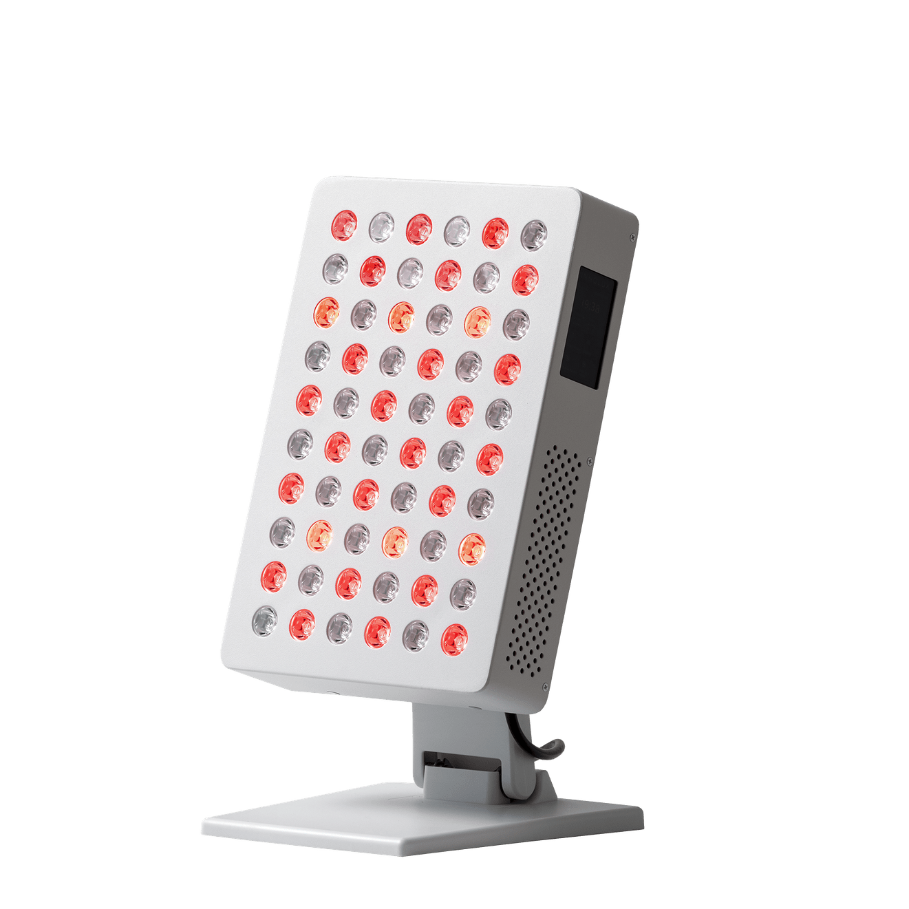 Innolux RED S2 PRO Punavalo; valkoinen pöydälle asetettava LED-valohoitolaite riveillä punaisia ja valkoisia valoja, kiinnitettynä jalustaan tasaisella valkoisella taustalla; suorakaiteen muotoinen pääyksikkö näkyvin pyöreiden LED-valojen ruudukoin vuorotellen punaisena ja valkoisena, aseteltuna suoriin vaakariveihin; kotelo mattapinnalla; laite lepää kulmatuella ilman näkyviä painikkeita tai etikettejä; ei pakkausta tai ulkoista brändäystä näkyvissä; ei ihmisiä tai käsiä kuvassa.