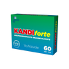 KANDIforte, vihreä-sininen suorakulmainen pakkaus suomenkielisellä tekstillä, ilmoittaa sisällöksi 60 tablettia (35 g) ja esittelee Via Naturale -brändin sekä Suomen lipun pakkauksessa; pakkaus mattapinnalla yksinkertaisella groteskityppografialla; ei ihmisiä, käsiä eikä toimintaa näkyvissä; tausta valkoinen, kuva suoraan edestä.