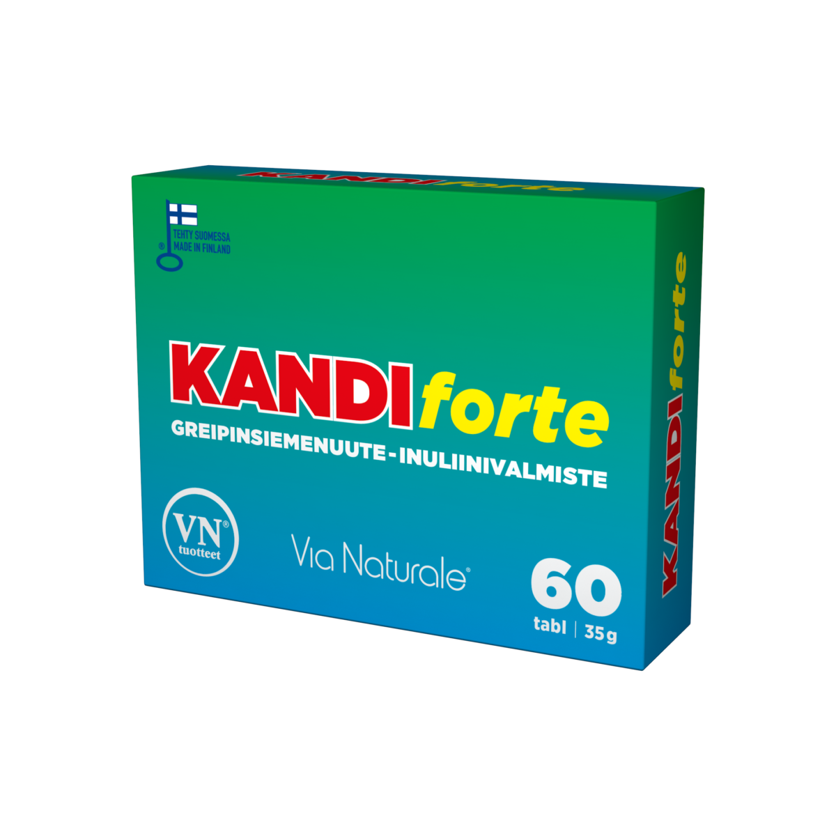 KANDIforte, vihreä-sininen suorakulmainen pakkaus suomenkielisellä tekstillä, ilmoittaa sisällöksi 60 tablettia (35 g) ja esittelee Via Naturale -brändin sekä Suomen lipun pakkauksessa; pakkaus mattapinnalla yksinkertaisella groteskityppografialla; ei ihmisiä, käsiä eikä toimintaa näkyvissä; tausta valkoinen, kuva suoraan edestä.