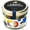 A glass jar with a metal lid labeled KAAYI PORCINI herkkutatti boletus edulis, featuring colorful mushroom illustrations and blue accents on the gourmet packaging. The cylindrical jar is clear glass, the label has bold uppercase lettering, and the surface is glossy. Background is neutral. No people or hands are present.