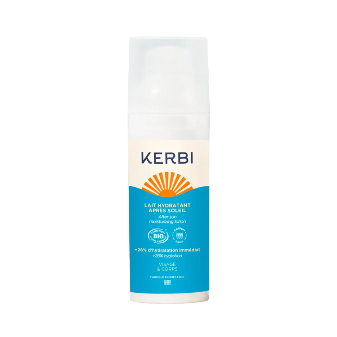 Kerbi After Sun Voide; pullo Kerbi After Sun Moisturizing Lotion -tuotetta sinisellä ja oranssilla etiketillä, kuvituksena aurinkokuvake ja kaksikielinen ranskan- ja englanninkielinen teksti, pystyssä vaalealla taustalla; muovipullo lieriömäinen mattapinnalla ja valkoinen korkki; etikettiteksti lihavoidulla groteskikirjasimella; kuva keskitetty ja suoraan edestä, ei ihmisiä tai käsiä.