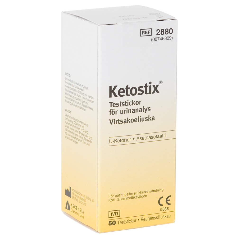 Ketostix Virtsakoeliuska: keltavalkoinen suorakulmainen pahvipakkaus mattapinnalla, monikielinen teksti; sisältää 50 ketoaineiden mittaukseen tarkoitettua virtsan testiliuskaa; etiketissä lihavoitu groteskikirjasin mustalla; tausta on valkoinen, ei ihmisiä tai muita esineitä kuvassa.