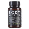Kiki Health Body Biotics Maitohappobakteeri; pullo KIKI Health Body Biotics SBO Probiotic Formula -tuotetta, sisältää 60 kasvis- ja vegaanikapselia (400 mg kutakin), merkitty korkealaatuiseksi elintarvikelisäksi; sylinterinmuotoinen tummanruskea lasipullo mustalla kierrekorkilla, mattapintainen paperietiketti mustana valkoisin ja vihrein groteskitekstein; tuotenimi kaikki suuraakkosin; valkoinen tausta, studiokuva, ei ihmisiä tai käsiä näkyvissä.