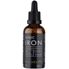 Kiki Health Ionisoitu Rauta; ruskea lasipullo mustalla tippakorkilla, lieriömäinen muoto, tekstillä ”Ionic Iron Liquid Concentrate by Kiki Health”; etiketissä selkeää tikkukirjasinta mustalla taustalla valkoisin ja vihrein kirjaimin; pullo merkitty 50 ml; ei ihmisiä tai käsiä näkyvissä; tausta neutraali ja tasainen; pullo tarjoaa erittäin hyvin imeytyvän ionisen rautaravintolisän.
