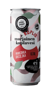 Kuplis Marjainen Kuplavesi Mansikka-Basilika, 0,33 litran tölkki kuplavedelle mansikka-basilikan maussa, vaaleanpunainen, vihreä ja valkoinen abstrakti marja-lehtikuvio; tölkki sylinterimäinen mattapinnalla; brändi- ja tuoteteksti lihavoidulla groteskifontilla; ei ihmisiä eikä käsiä näkyvissä; tausta yksinkertainen, tavanomainen tuotekuvakulma.