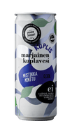 Kuplis Marjainen Kuplavesi Mustikka-Minttu, 0,33 litran tölkki, maustettuna mustikalla ja mintulla, eloisin sinisin, vihrein ja valkoisin abstraktein kuvioin sekä suomenkielisellä tekstillä valkoista taustaa vasten; sylinterimäinen alumiinitölkki mattapinnalla; typografiset elementit siistejä ja moderneja groteskityylillä; ei ihmisiä eikä käsiä näkyvissä; kuva otettu valkoista taustaa vasten.