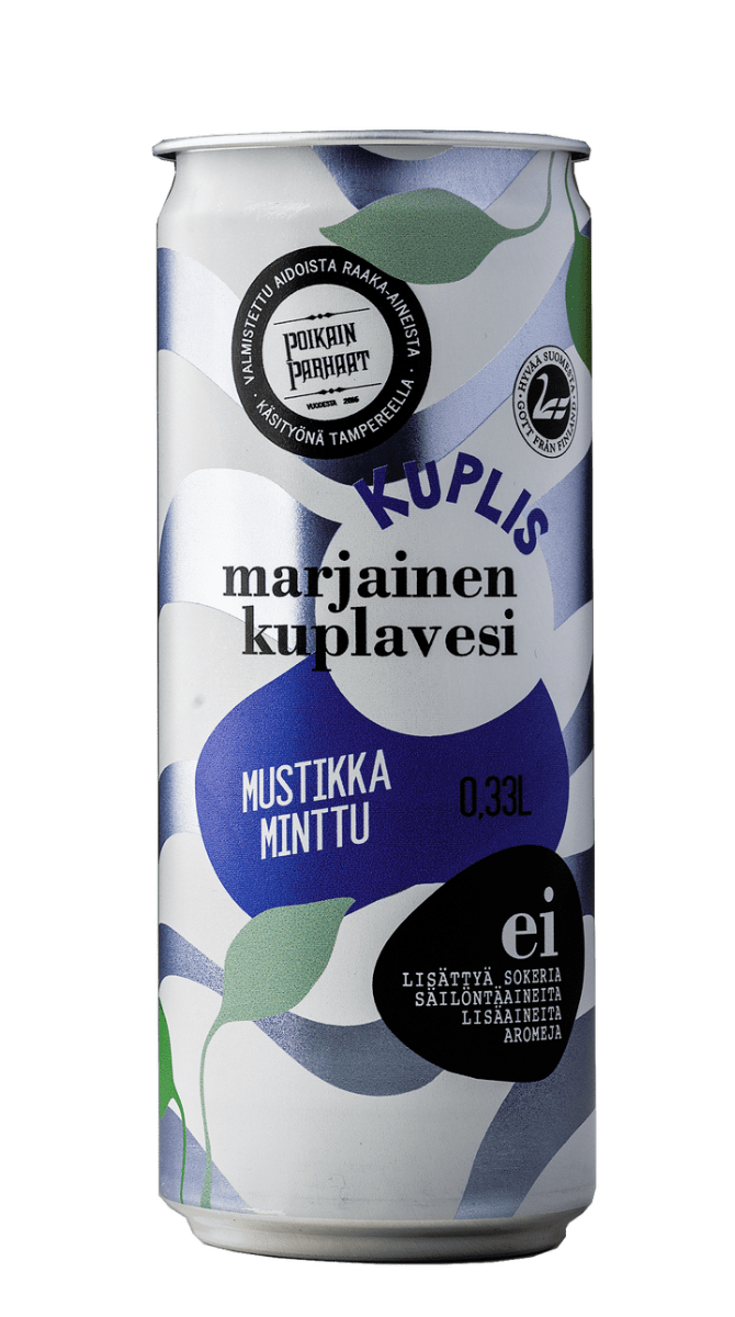 Kuplis Marjainen Kuplavesi Mustikka-Minttu, 0,33 litran tölkki, maustettuna mustikalla ja mintulla, eloisin sinisin, vihrein ja valkoisin abstraktein kuvioin sekä suomenkielisellä tekstillä valkoista taustaa vasten; sylinterimäinen alumiinitölkki mattapinnalla; typografiset elementit siistejä ja moderneja groteskityylillä; ei ihmisiä eikä käsiä näkyvissä; kuva otettu valkoista taustaa vasten.
