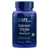 Life Extension Calcium Citrate with Vitamin D; sininen muovipullo ruuvikorkilla, sylinterinmuotoinen ja kiiltäväpintainen; etiketti pääosin sininen ja valkoinen lihavoidulla groteskitekstillä, osa tekstistä korostettu keltaisin suorakulmioin ja pienempi teksti vihreänä alaosassa; ei ihmisiä tai käsiä kuvassa, valkoinen tausta, suora edestäpäin otettu tuotekuva; pullo sisältää 200 kapselia ja korostaa luontaista, muuntogeenitöntä luuston tukea.