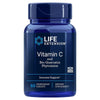 Life Extension Vitamin C and Bio-Quercetin Phytosome; sininen muovipullo Life Extension Vitamin C and Bio-Quercetin Phytosome -ravintolisää mattapintaisena, sylinterinmuotoinen tasaisella korkilla; etuetiketissä tuotenimi, 60 kasviskapselia, muuntogeenittömyys, vastustuskyvyn tuki ja ravintolisämerkintä lihavoidulla sinisellä ja valkoisella typografialla; ei ihmisiä tai käsiä kuvassa, neutraali tausta, tavanomainen tuotekuva; yhdistelmä C-vitamiinia ja hyvin imeytyvää kversetiiniä antioksidanttitueksi.