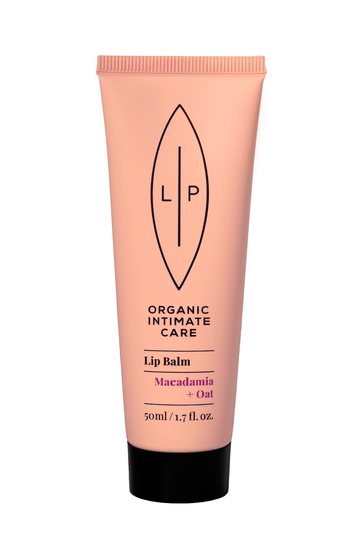 LIP Intiimialueen Hoitobalsami Macadamia + Kaura; persikanvärinen tuubi, jossa lukee "LP Organic Intimate Care Lip Balm", sisältää makadamia- ja kaurauutetta, 50 ml / 1,7 fl. oz., musta korkki ja pelkistetty merkki; pinta on mattaa, tuubi sylinterinmuotoinen ja litteäpohjainen; etiketin typografia on groteskia, vaaleaa ja mustaa tekstiä; tuote on kuvattu valkoista taustaa vasten, ei ihmisiä tai rekvisiittaa, kuvakulma suoraan edestä silmän tasolta.