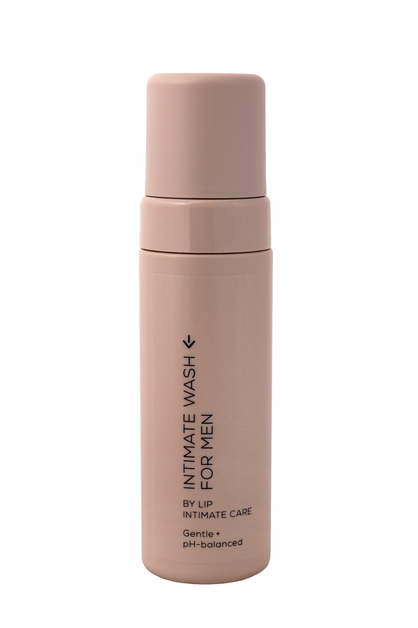 LIP Intiimipesuaine Miehille; beige muovipullo pumppuannostelijalla, mattapinta ja suorakulmainen muoto; etiketissä lukee mustalla groteskilla "Intimate Wash for Men" ja sen alla pienempää tuotetietoa; pakkauksessa vähän kuvitusta ja moderni asettelu; kuvassa ei näy ihmisiä tai käsiä; tausta valkoinen, valaistus pehmeä, tavanomainen tuotekuva.
