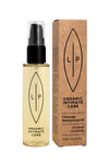 LIP Puhdistus- & Kosteutusöljy Prebiootit + Postbiootit; pullo ja laatikko LP Organic Intimate Care -puhdistus- ja kosteutusöljyä luonnollisilla ainesosilla, musta merkki ja teksti pahvilaatikossa sekä kirkkaassa pumppupullossa, koko 75 ml; laatikko on mattaa ruskeaa pahvia yksinkertaisella groteskitekstillä, pumppupullo läpinäkyvää muovia samalla tekstityylillä; tuote ja pakkaus kuvattu vaaleaa tasaista taustaa vasten, ei ihmisiä tai toimintaa kuvassa.