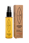 LIP Puhdistus- & Kosteutusöljy Tyrni + Fragonia; pullo ja laatikko LP Organic Intimate Care -puhdistus- ja kosteutusöljyä, 75 ml, sisältää tyrniä ja fragoniaa; sekä pullo että laatikko ovat ruskeita ja mattapintaisia, mustalla, selkeällä groteskitekstillä ja pelkistetyllä lehtimerkillä; kuva on pelkkä tuotekuva vaaleaa taustaa vasten, ei ihmisiä tai käsiä näkyvissä.