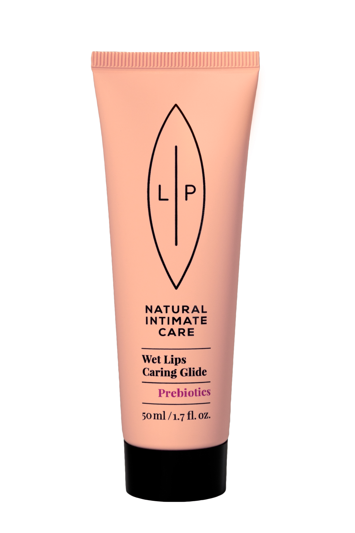 LIP Wet Lips Hoitava Prebioottinen Liukuvoide; vaaleanpunainen muovituubi mattapinnalla, mustaa groteskitekstiä ja minimalistinen merkki etupuolella; tuubissa lukee "Natural Intimate Care Wet Lips Caring Glide Prebiotics, 50 ml / 1,7 fl. oz."; tausta yksivärinen ja siisti; kuvassa ei näy ihmisiä tai käsiä.