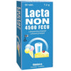 LactaNon 4500 FCCU; sininen LactaNON 4500 FCCU -pakkaus, jossa kuvia jäätelöstä, maidosta ja kakusta, edustaen laktoosi-intoleranssiin tarkoitettuja laktaasientsyymitabletteja; pahvipakkaus mattapinnalla, suorakaiteen muotoinen, lihavoitua valkoista ja vaaleansinistä tekstiä suomeksi ja ruotsiksi; tuotetiedot selkeästi näkyvissä etuosassa; ei ihmisiä tai käsiä; neutraali tausta lähikuvassa.