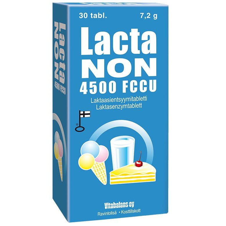 LactaNon 4500 FCCU; sininen LactaNON 4500 FCCU -pakkaus, jossa kuvia jäätelöstä, maidosta ja kakusta, edustaen laktoosi-intoleranssiin tarkoitettuja laktaasientsyymitabletteja; pahvipakkaus mattapinnalla, suorakaiteen muotoinen, lihavoitua valkoista ja vaaleansinistä tekstiä suomeksi ja ruotsiksi; tuotetiedot selkeästi näkyvissä etuosassa; ei ihmisiä tai käsiä; neutraali tausta lähikuvassa.