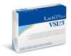 A box of LactilPlus VSL#3 probiotic supplement with blue and gold accents, featuring comprehensive product information and text in multiple languages on the packaging. Rectangular paperboard box with a matte finish; blue and gold graphics on white; sans-serif text predominates; detailed sections of small print in several languages. The background is plain white and no people or hands are visible.