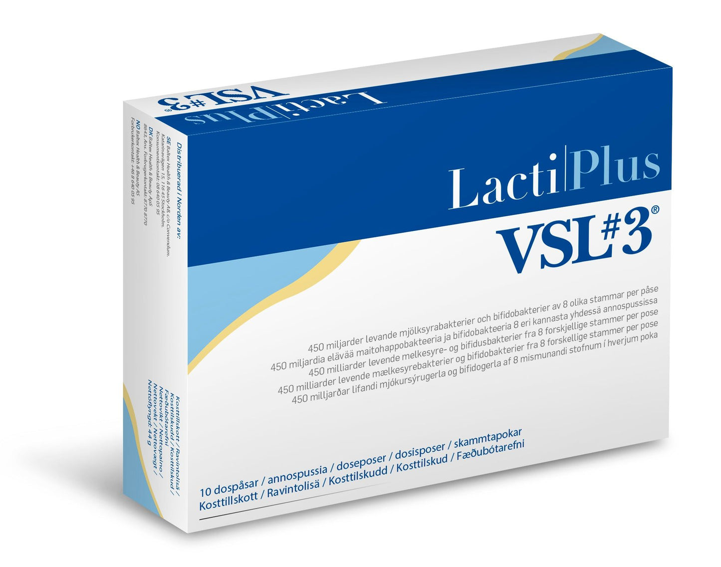 A box of LactilPlus VSL#3 probiotic supplement with blue and gold accents, featuring comprehensive product information and text in multiple languages on the packaging. Rectangular paperboard box with a matte finish; blue and gold graphics on white; sans-serif text predominates; detailed sections of small print in several languages. The background is plain white and no people or hands are visible.