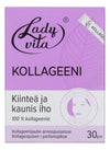 Ladyvita Kollageenijauhe; violetti laatikko Ladyvita Kollageeni -jauhetta suomenkielisin tekstein, lehtikuvio ja pyöreä logo, jossa naisen kasvot; kollageenilaatikko sisältää 30 annospussia; laatikko on suorakulmainen ja mattapintainen, lihavaa valkoista tekstiä etupuolella, lisäksi kultaisia ja vihreitä yksityiskohtia sekä siistiä groteskitypografiaa; kuvassa vain tuote valkoista taustaa vasten, ei ihmisiä tai käsiä.