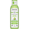 A bottle of Lavera Naturkosmetik body wash, labeled Refreshing, with organic lime and lemongrass, suitable for vegans and enriched with natural ingredients, in a green and clear container. Plastic cylindrical bottle with clear lower half and opaque green flip-cap. Front label has sans-serif white text on a green background; main product details are legible. Plain white background; no people or props visible.