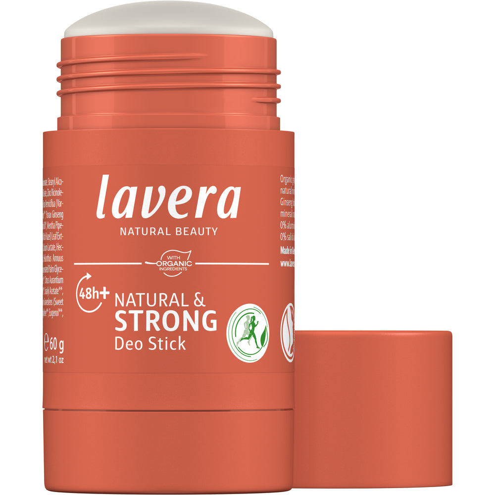 Lavera Deo Stick Natural & Strong -deodorantti avattuna, korkki vieressä, 48h+ ja luomumerkinnät näkyvissä