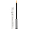 Lavera Lash Booster Serum; valkoinen Lavera Lash Booster Serum -tuubi hopeisella kiiltävällä sylinterin muotoisella korkilla irrotettuna, korkki kiinnittyy kapeaan applikaattoriharjaan oranssilla kärjellä; tuubissa musta groteskiteksti ”Lavera Lash Booster Serum” pystysuunnassa keskitettynä; tuote ja applikaattori valkoista taustaa vasten, ei ihmisiä tai käsiä kuvassa.