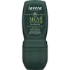 Lavera Men Sensitiv Deo Roll-On; tummanvihreä sylinterin muotoinen muovipullo Lavera Men Sensitiv Deo Roll-On -deodoranttia mattapinnalla, päällä tummempi pyöristetty korkki; valkoinen ja sininen etiketti groteskikirjasimella näyttää luettavaa tekstiä: ”organic aloe vera”, ”lemongrass”, ”48h protection”, ”aluminium-free” ja ”vegan”; tuote vaalealla taustalla, ei ihmisiä tai käsiä.
