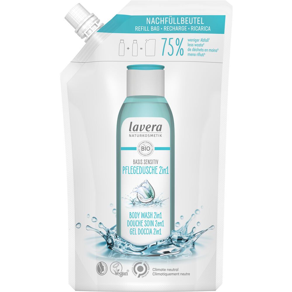 A white Lavera 2-in-1 body wash refill pouch features blue liquid splash graphics, product text, and icons indicating vegan and climate neutral benefits. The refill bag claims 75% less plastic use. Matte plastic pouch with a curved top, visible spout at the side. Typography is sans serif with bold and regular weights in black and blue. Neutral plain background; no people or hands visible. Full product shown front-facing in the image.