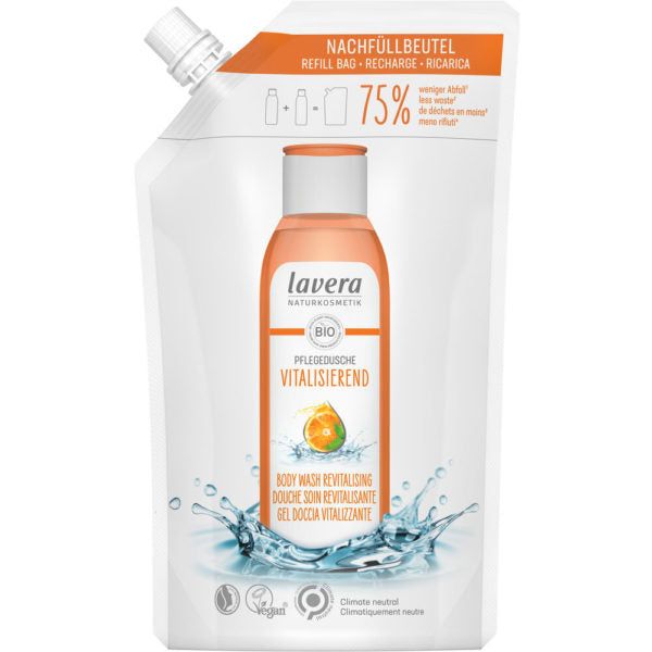 Lavera Naturkosmetik Bio Body Wash Revitalizing refill pouch features an orange-themed design and eco-friendly 75% less packaging. Plastic pouch with matte finish, rounded top corners, and a screw cap; background is plain white. Vegan and climate-neutral certification logos printed near the front top section, splash effect at bottom edge. Label includes product name in several languages in sans-serif typeface. No people or hands are visible.