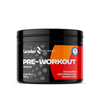 A black container of Leader Performance Pre-Workout powder, orange flavor, with a red and orange label. The container is cylindrical with a screw-top lid and has a matte finish. Label displays “10 servings,” “300g,” and mentions maximum performance and training flow boost in bold sans-serif font. No people or hands shown. Plain background, straight-on product shot.