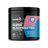 A black cylindrical plastic container of Leader Super Electrolytes fruity lemon electrolyte drink with a matte finish. The label includes blue and pink accent bands, moderately bold sans-serif typography, Olympic Team Finland logo, and reads: 120 servings, 360g, zero calories, juicy fresh flavor with refreshing electrolytes. The background is plain; only the product is shown.