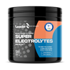 Leader Performance Super Electrolytes Peach, musta sylinterimäinen muoviastia elektrolyyttijuomajauheelle persikanmaussa, 120 annosta, seisoo yksin; mattaetiketti sininen ja oranssi lihavoidulla groteskitekstillä, mukana Suomen olympiajoukkueen tunnus, listaa nolla kaloria ja persikanmaun; ei ihmisiä eikä lisärekvisiittaa näkyvissä, tausta valkoinen.