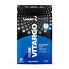 A 1kg black and blue bag of Leader Performance Pure Vitargo, a glycogen loader for endurance sports, featuring quick absorption and lactose-free labels for athletes with sensitive stomachs, and offering 33 servings. Matte flexible pouch with resealable top; bold sans-serif white and yellow typography; front label displays central product name, key features in highlighted blocks. Neutral studio background, no people visible.