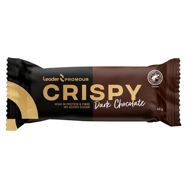A brown and black protein bar wrapper labeled Leader Promour Crispy Dark Chocolate, featuring gold accents and a cocoa icon. The rectangular wrapper has a matte finish. The label uses bold, sans-serif typography in white and gold. Text announces high protein, fiber, and no added sugar. No people or hands visible. Plain background with product centered in frame.