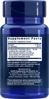 Life Extension Bio-Quercetin; sininen ravintolisäpullo etiketillä "Supplement Facts", listaten Bio-Quercetinin, galaktomannaanit ja muut tärkeät ravintoaineet; FDA-vastuuvapauslauseke etiketin alaosassa; pullo sylinterimäinen kiiltäväpintainen, teksti painettuna tavanomaisella groteskifontilla; tausta yksinkertainen, lähikuva, ei ihmisiä eikä käsiä näkyvissä.