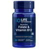 Life Extension BioActive Folate & Vitamin B12; sylinterin muotoinen sininen muovipullo mattapinnalla, valkoinen etiketti ja sininen kierrekorkki; etiketissä lihavoitua sans-serif- ja serifikirjasinta pääosin sinisellä ja mustalla tekstillä; luettavissa brändi, tuotenimi, kapselimäärä, GMO-vapaus- ja gluteenittomuuskuvakkeet sekä maininta sydän- ja verisuoniterveyden tuesta; pelkistetty studiotausta, ei ihmisiä tai käsiä; sisältää 90 kasvipohjaista kapselia.