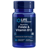 Life Extension BioActive Folate & Vitamin B12; sylinterin muotoinen sininen muovipullo mattapinnalla, valkoinen etiketti ja sininen kierrekorkki; etiketissä lihavoitua sans-serif- ja serifikirjasinta pääosin sinisellä ja mustalla tekstillä; luettavissa brändi, tuotenimi, kapselimäärä, GMO-vapaus- ja gluteenittomuuskuvakkeet sekä maininta sydän- ja verisuoniterveyden tuesta; pelkistetty studiotausta, ei ihmisiä tai käsiä; sisältää 90 kasvipohjaista kapselia.